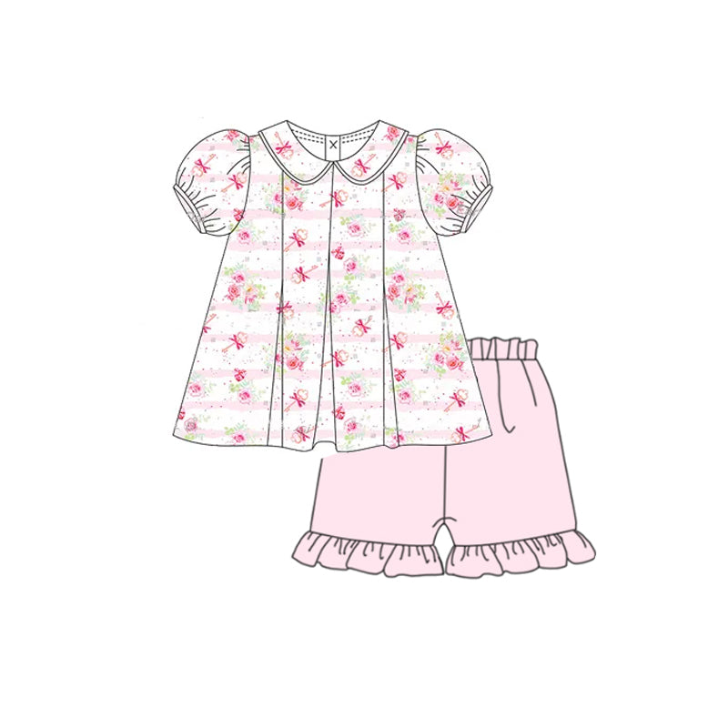 Girls Floral Stripe Tunic Ruffle Shorts Set Short Sleeves Cute Outfit for Kids