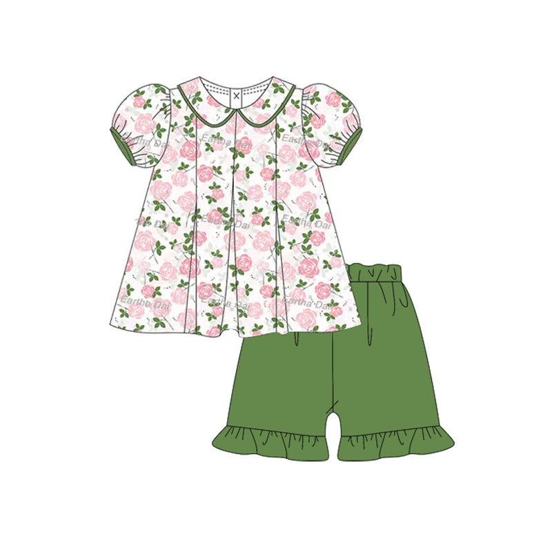 Girls Floral Tunic Top with Green Ruffle Shorts Set Short Sleeve Cute Children's Outfit Combination