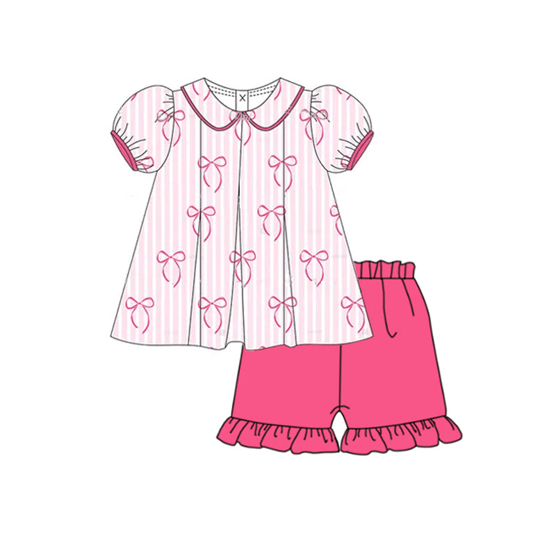 Girls Pink Stripe Bow Tunic Ruffle Shorts Outfit Set - Cute Casual Clothing for Girls