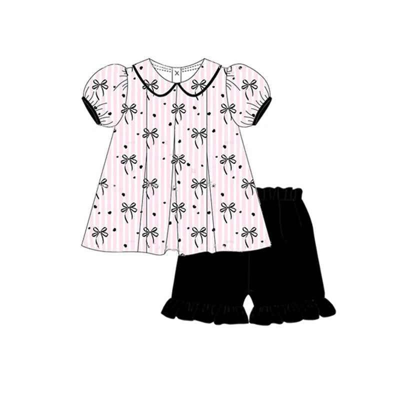 Girls Black Stripe Bow Tunic Ruffle Shorts Outfit Set Casual Comfortable Clothing for Kids