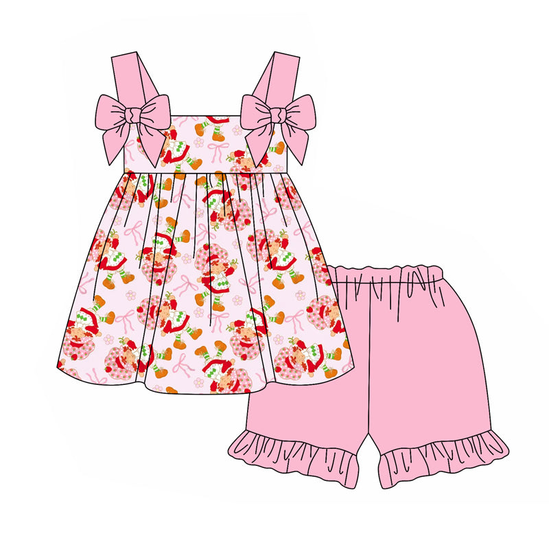 Girls Pink Straps Bow Tunic Short Set Strawberry Bow Design Cute Children's Clothing Outfit
