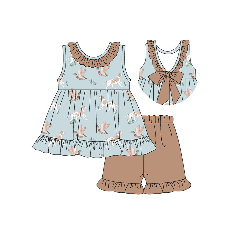 Kids Girls Khaki Ruffle Duck Dog Tunic Short Set Hunting Outfits Casual Clothing for Children