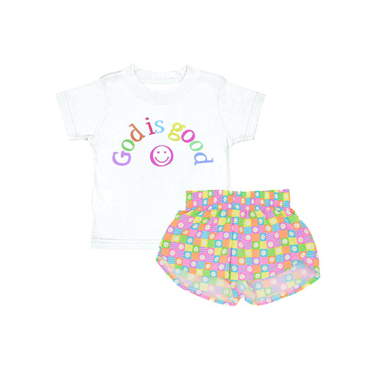 GSSO2386Girls Summer Outfits Top Floral Plaid "God Is Good" Design Cute And Stylish Clothing for Little Girls