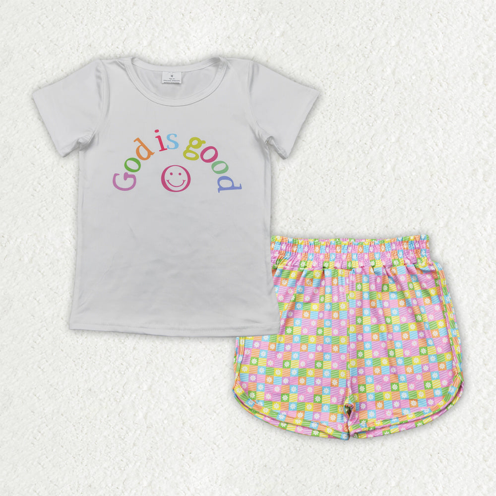 7.17   GSSO2386 RTS NO MOQ Baby Girls Summer Outfits Baby Girls GOD IS GOOD Top Plaid Flowers Shorts Sets