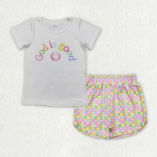 7.17   GSSO2386 RTS NO MOQ Baby Girls Summer Outfits Baby Girls GOD IS GOOD Top Plaid Flowers Shorts Sets