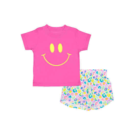 GSSO2387Girls Pink Smiley Top Colorful Leopard Print Shorts Summer Outfit Set Children's Clothing Ensemble for Girls