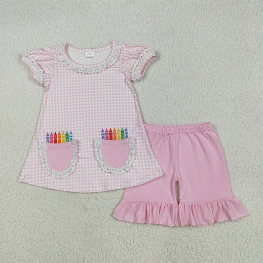 GSSO2388RTS NO MOQ Baby Girls Summer Outfits Girls Pink Plaid Crayon Top Short Set Back to School Outfit Ages 4-12 Years Old Children's Clothing Set