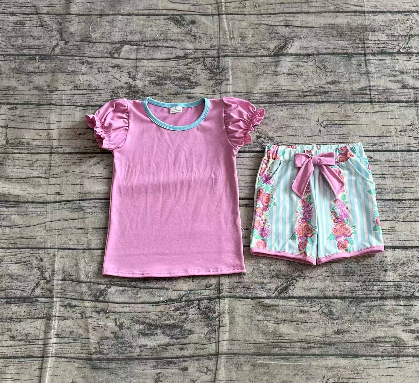 4.14 GSSO2389 Sample 10days Arrived RTS Short sleeves pink top floral shorts kids girls outfits