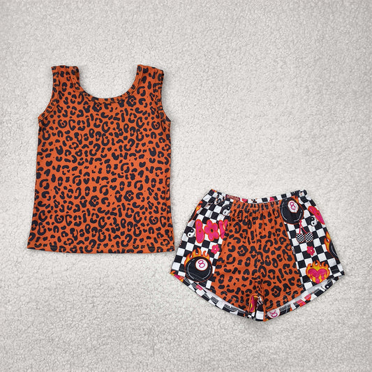 GSSO2391RTS NO MOQ Baby Girls Summer Outfits Girls Sleeveless Leopard Print Top with Plaid Patchwork Shorts Set Fashionable Animal Pattern Outfit for Kids