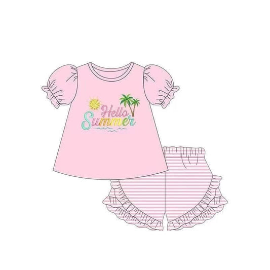GSSO2392Girls Pink Short Sleeve Summer Top with Hello Design Matching Shorts Set Cute Casual Children's Clothing Outfit