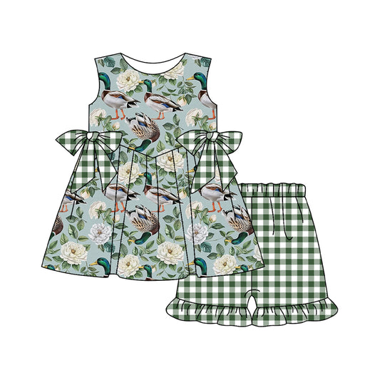 GSSO2393Girls Sleeveless Floral Duck Tunic Plaid Shorts Set Cute Country Preppy Style Outfit for Kids
