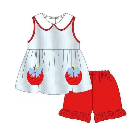 Girls Stripe Apple Bow Tunic Short Set Back to School Clothes Vintage Preppy Outfit Ages 4-12