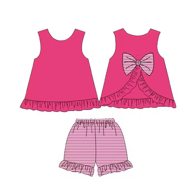 Girls Pink Sleeveless Bow Tunic Top with Stripe Shorts Set Cute Casual Outfit for Kids