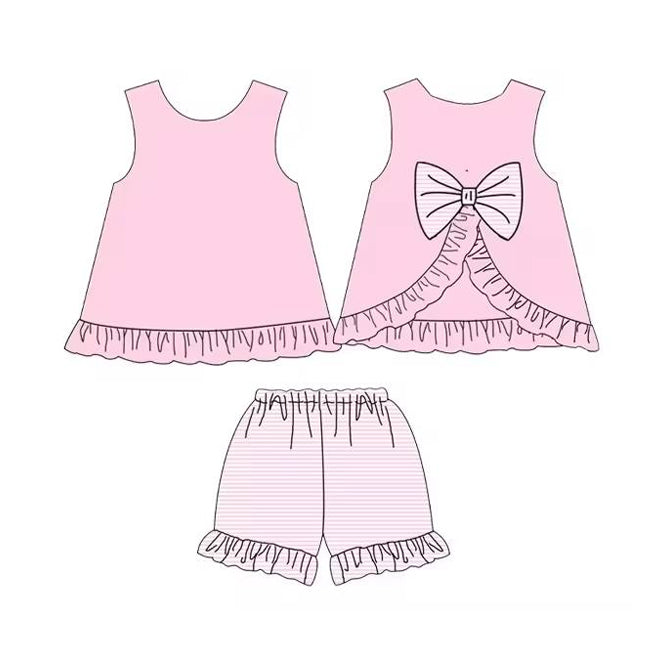 Girls Pink Sleeveless Bow Tunic Top with Stripe Shorts Set Cute Casual Outfit for Kids