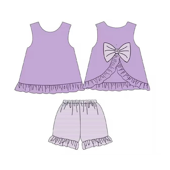 Girls Pink Sleeveless Bow Tunic Top with Stripe Shorts Set Cute Casual Outfit for Kids