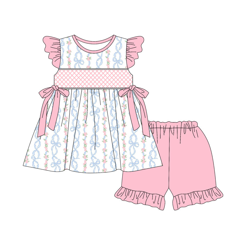Baby Girls Blue Bow Tunic Top with Pink Ruffle Shorts Set Cute Outfit for Infants Baby Girl Clothing Set