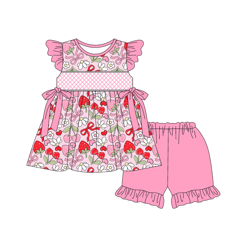 Girls Tunic Ruffle Shorts Set with Flutter Sleeves And Strawberry Bow - Cute Casual Outfit for Little Girls