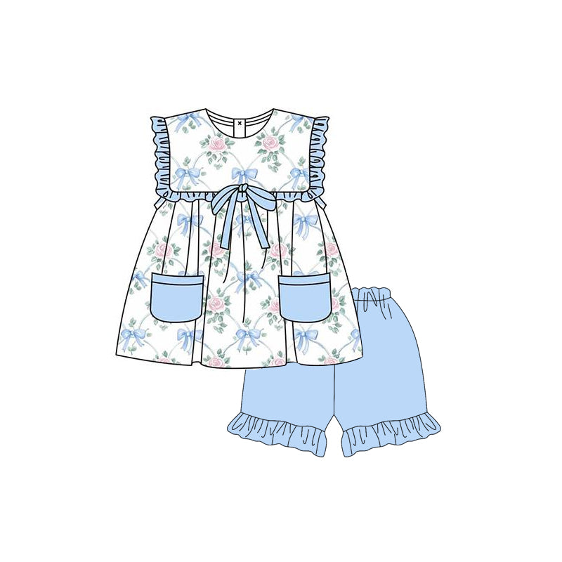 Girls Light Blue Ruffle Floral Bow Pockets Tunic Short Set Cute Casual Outfit for Kids