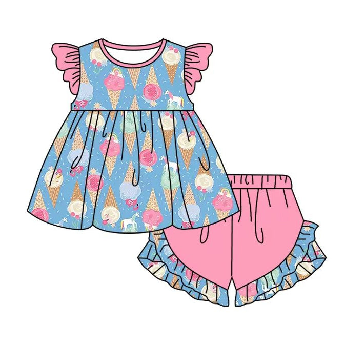 Girls Summer Clothes Ice Cream Tunic with Flutter Sleeves And Shorts Matching Set Sweet Biscotti Flavor for Kids' Outfits