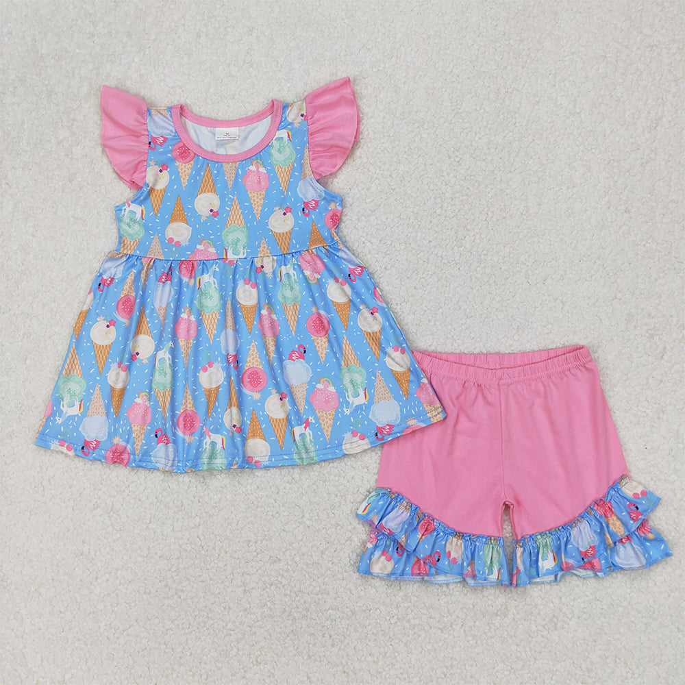 4.08 GSSO2402 RTS NO MOQ Flutter sleeves ice cream tunic shorts girls summer clothes