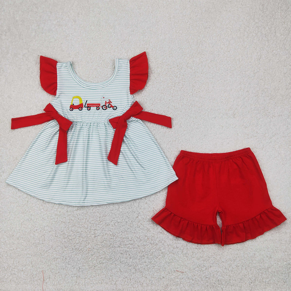 5.17  GSSO2404 RTS NO MOQ Baby Girls Summer Outfits Embroidery Baby Girls Red Flutter Sleeves Trucks Bows Tunic Red Ruffle Short Set