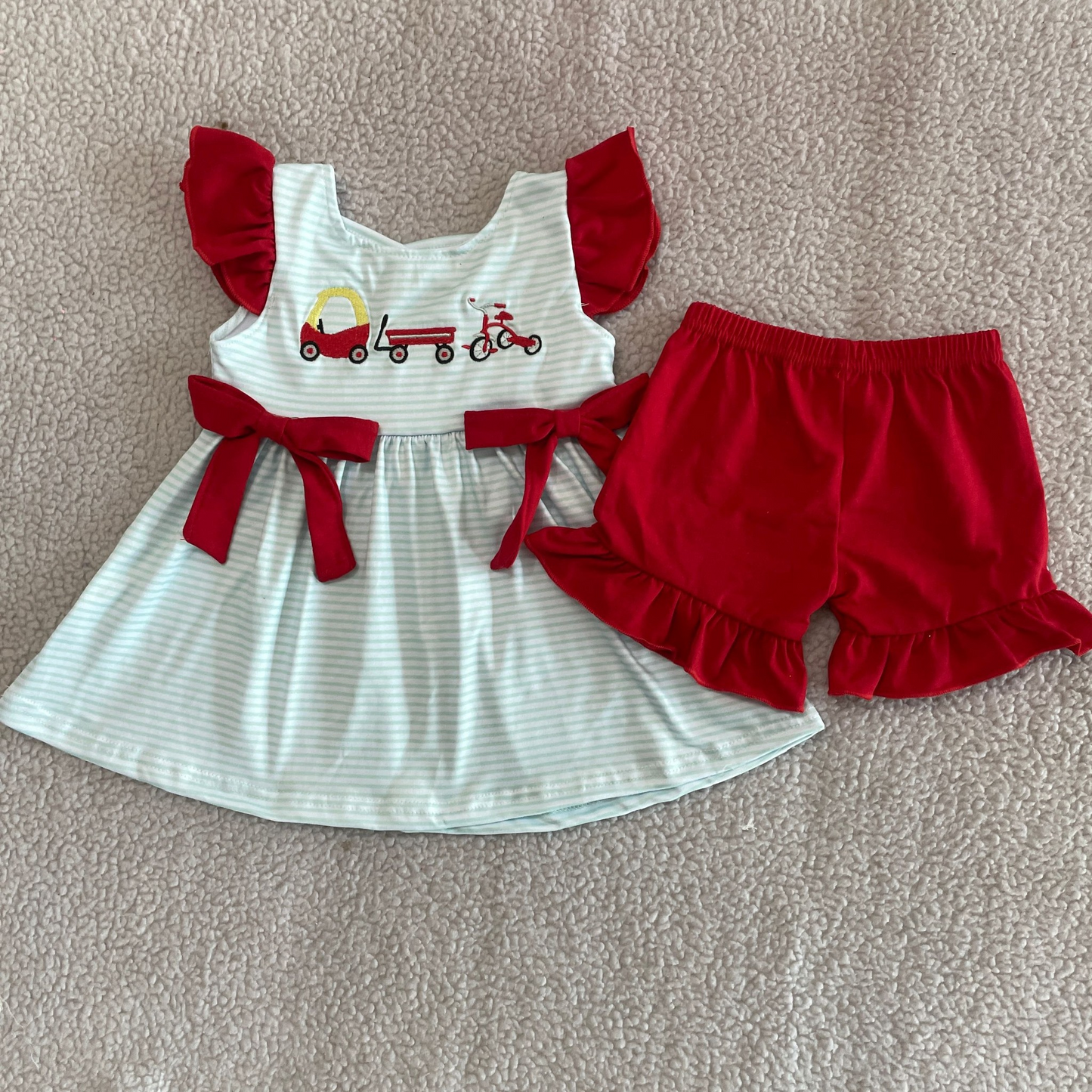Kids Girls Stripe Cars Tunic Ruffle Shorts Set - Cute And Fashionable Clothing Outfit for Children