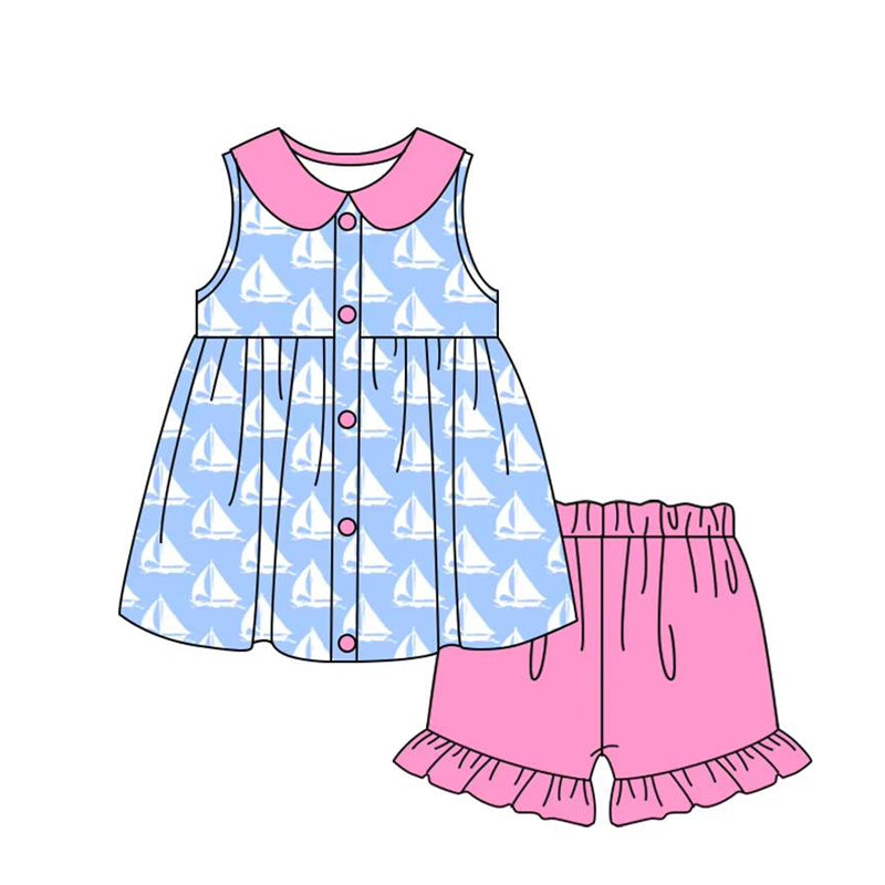 Girls Sleeveless Boat Button Tunic Short Set Summer Clothing Comfortable Breathable Kids Outfit with Adjustable Buttons