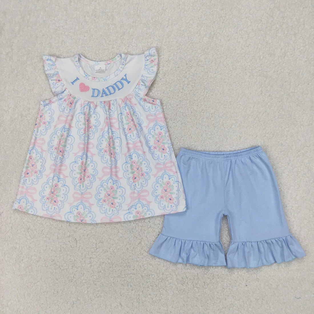 10.4 RTS Sibling Baby Girls Embroidery I Love Dad Top Ruffle Shorts Clothes Set