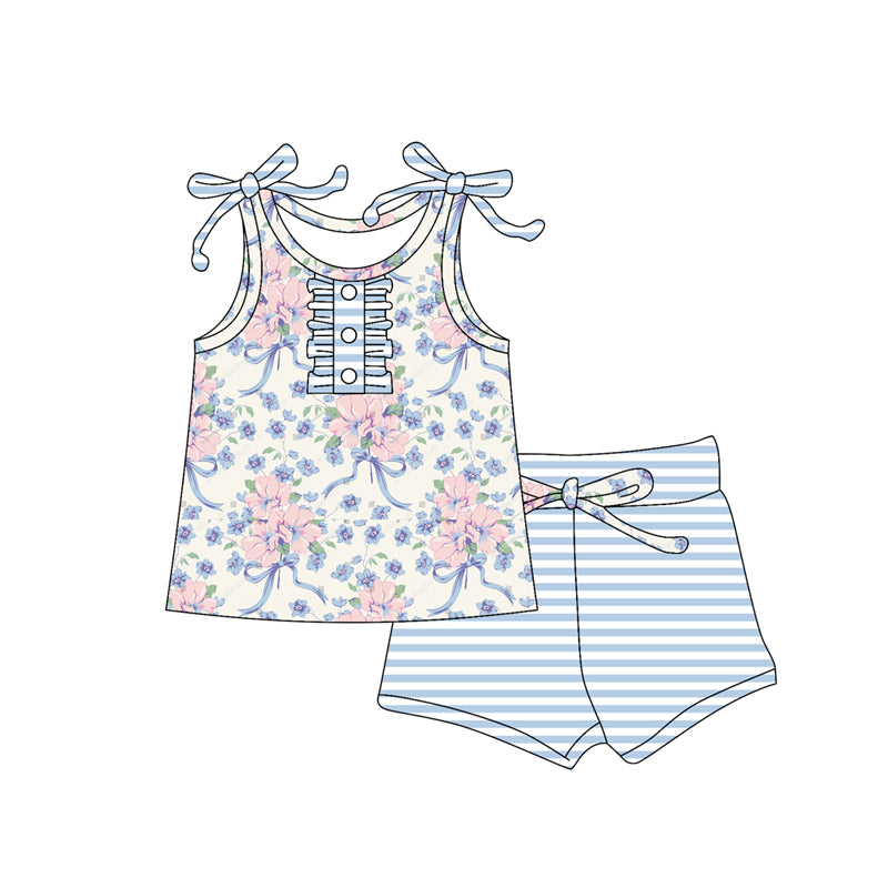 Girls Sleeveless Floral Bow Top And Stripe Shorts Outfit Pink Casual Clothing Set for Kids