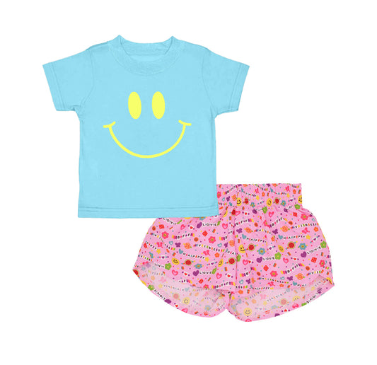 GSSO2411Girls Aqua Short Sleeve Smile Print Top with Pink Shorts Set Children's Clothing Outfit for Kids