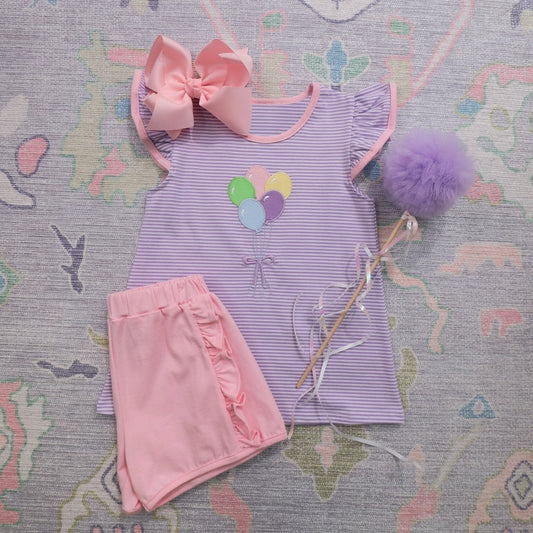 GSSO2412Girls Stripe Balloon Top Shorts Set with Flutter Sleeves - Cute Casual Outfit for Kids