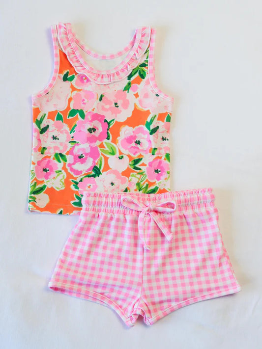 GSSO2413Girls Sleeveless Floral Top And Pink Plaid Shorts Set Summer Clothing Outfit for Kids