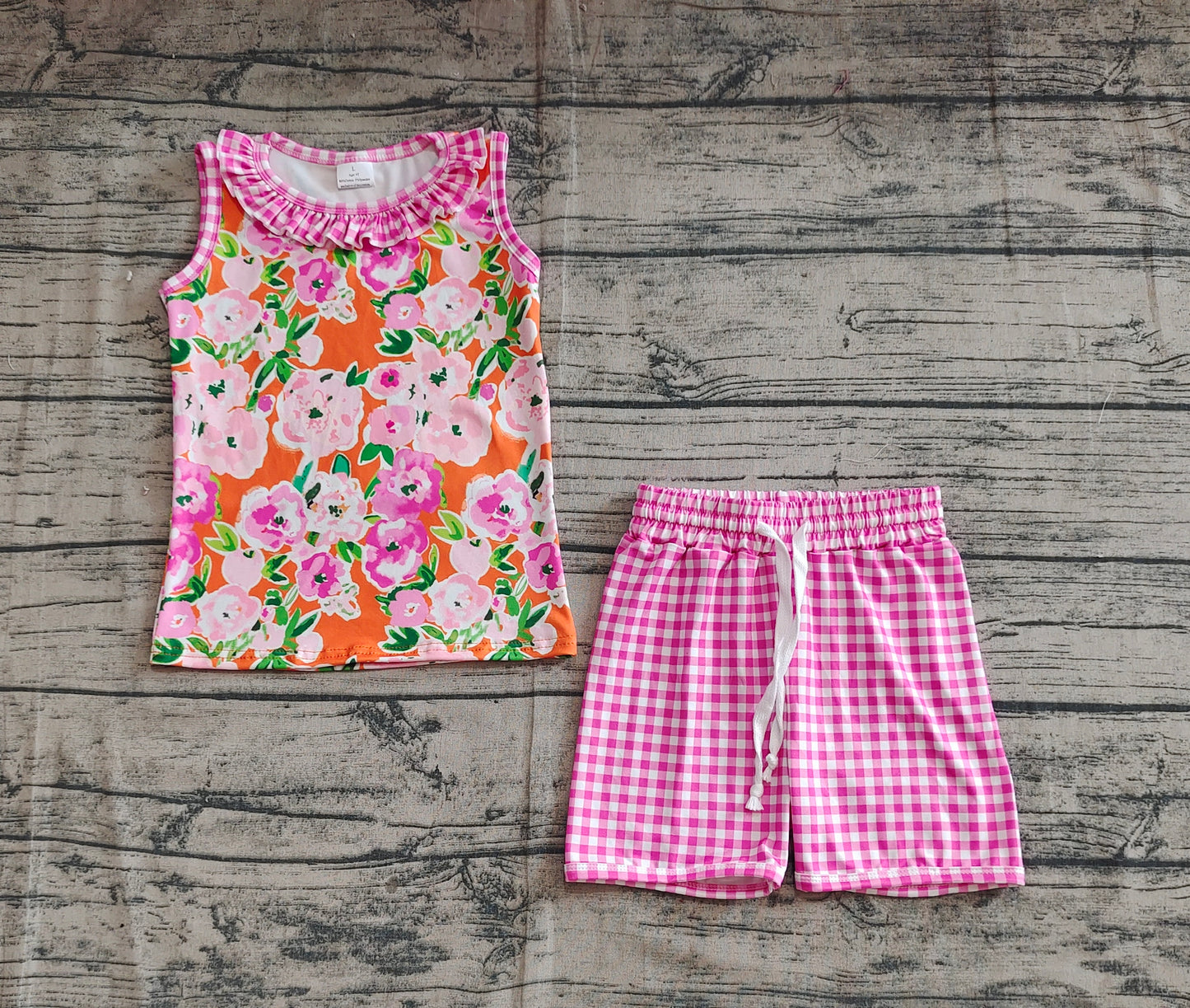 5.20 GSSO2413 Sample 10days Arrived RTS Sleeveless floral top pink plaid shorts girls summer clothes