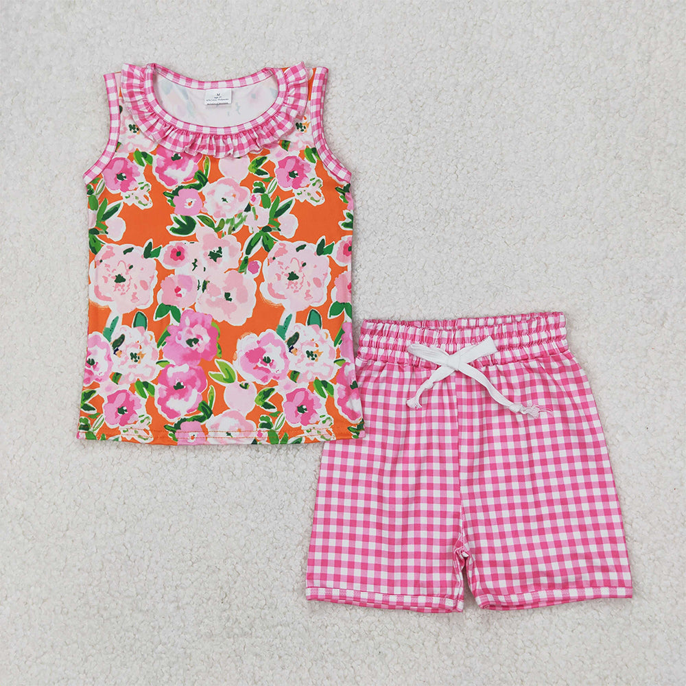 4.08 GSSO2413 RTS NO MOQ Baby Girls Summer Outfits Floral Top Gingham Play Shorts Set