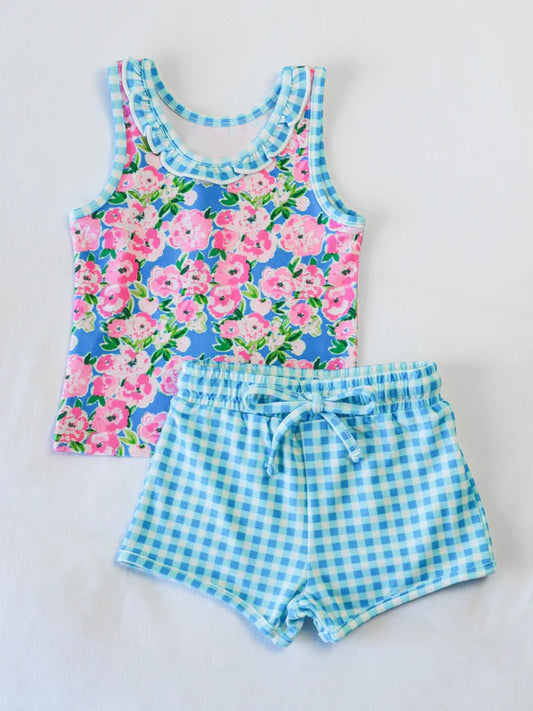 GSSO2414Girls Sleeveless Floral Top And Blue Plaid Shorts Set Summer Clothing Outfit for Kids