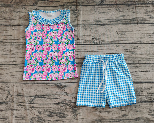 5.20 GSSO2414 Sample 10days Arrived RTS Sleeveless floral top blue plaid shorts girls summer clothes