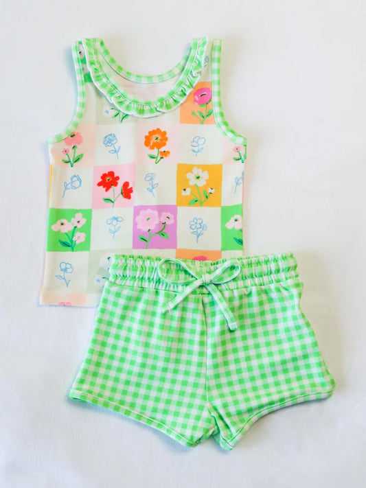 GSSO2415Sleeveless floral top green plaid shorts girls summer clothes
