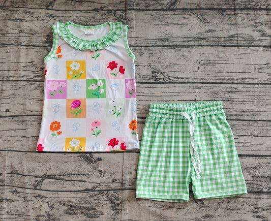 5.16 GSSO2415 Sample 10days Arrived RTS Sleeveless floral top green plaid shorts girls summer clothes
