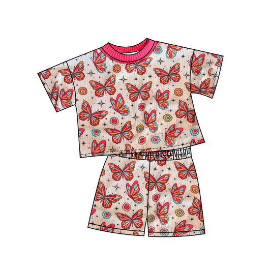 GSSO2416Kids Girls Summer Outfits Short Sleeves Butterfly Top Shorts Set Cute Children's Clothing for Girls