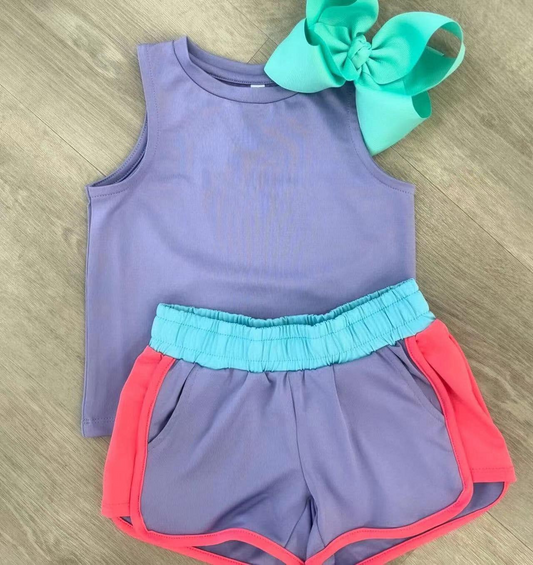 GSSO2506 Kids Girls Sleeveless Lavender Top Shorts Active Wear Set - Comfortable Sportswear for Children