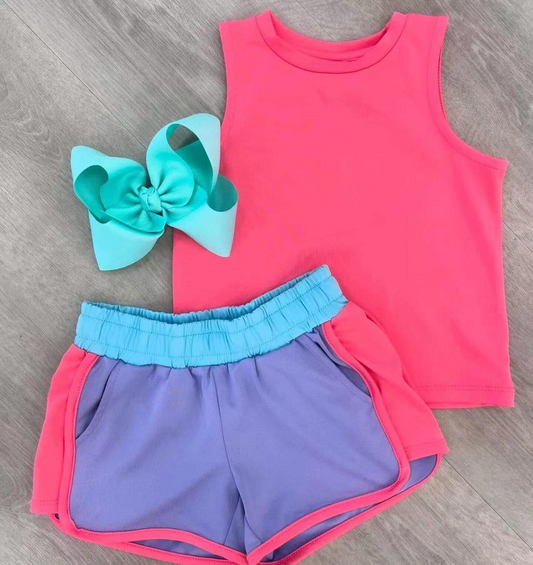 GSSO2507 Kids Girls Active Wear Set Sleeveless Hot Pink Top And Shorts Comfortable Sportswear for Children