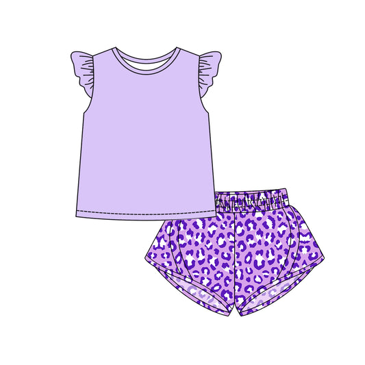 GSSO2422 Pre orderLavender flutter sleeves top leopard shorts girls clothes