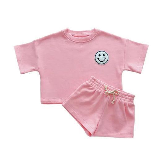 GSSO2423 Pre order Pink short sleeves smile top shorts girls clothing set