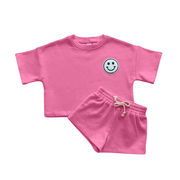 GSSO2424 Pre order Hot Pink short sleeves smile top shorts girls clothing set