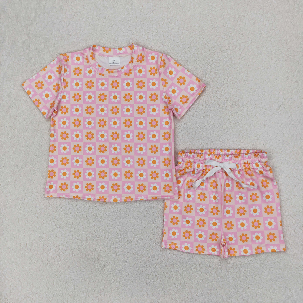 4.09 GSSO2425RTS NO MOQ  Baby Girls Summer Outfits Pink floral plaid top shorts kids girls summer clothes