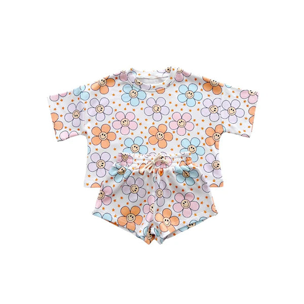 GSSO2426 Pre order Smile floral stars top shorts kids girls summer clothes