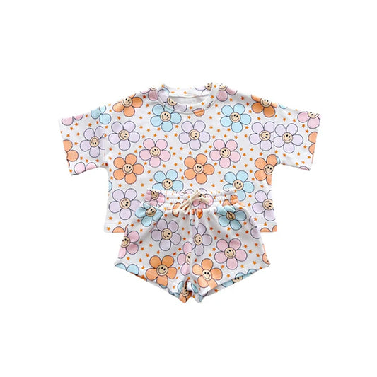 GSSO2426 Pre order Smile floral stars top shorts kids girls summer clothes