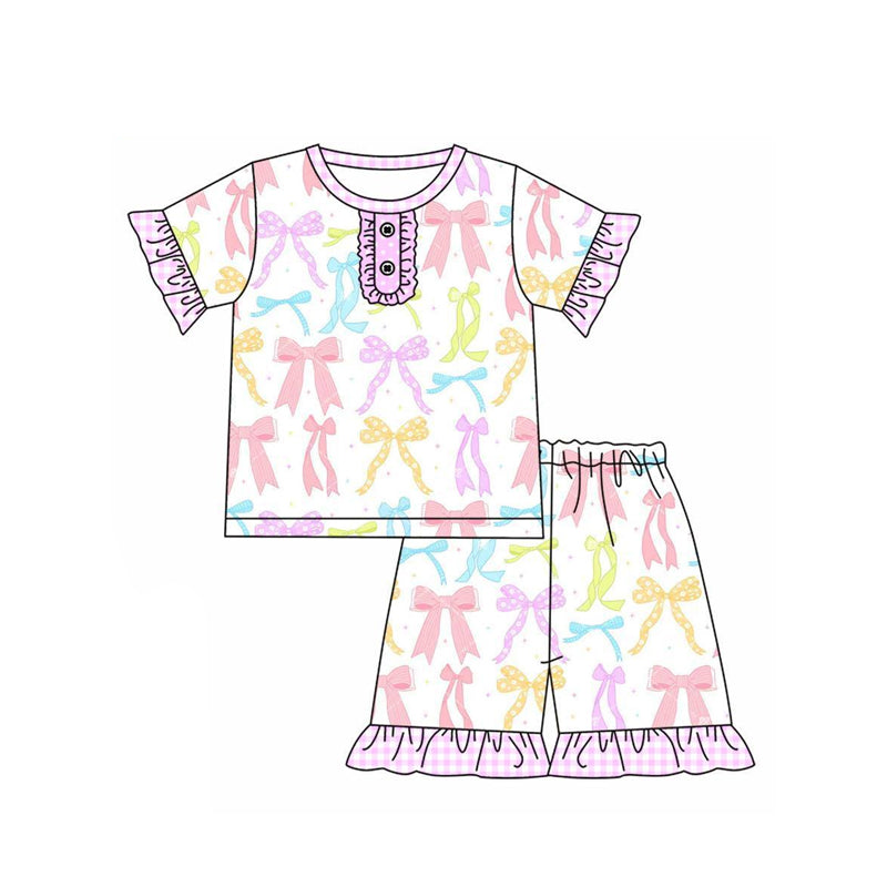 pre order Girls Pajamas Short Sleeve Colorful Bows Top with Shorts Cute Sleepwear for Kids
