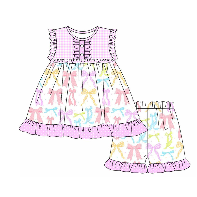 pre order Girls Pajamas Short Sleeve Colorful Bows Top with Shorts Cute Sleepwear for Kids