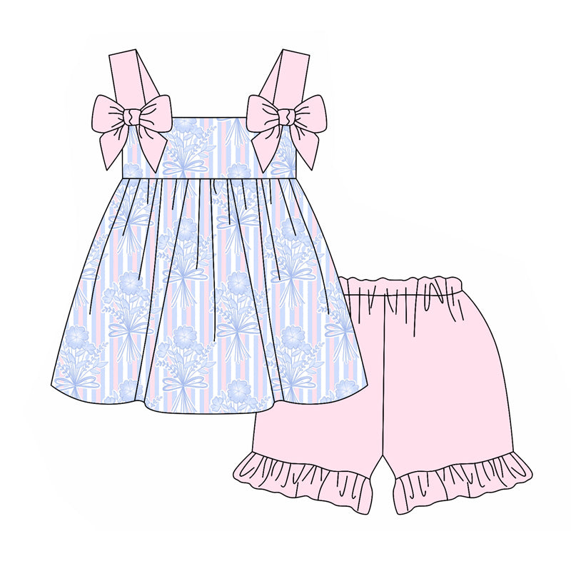 pre order Girls Striped Floral Tunic Ruffle Shorts Outfit with Straps - Spring/Summer Children's Clothing Set